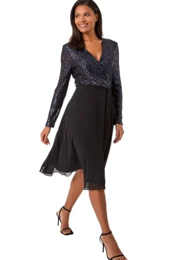 Roman Purple Sequin V-Neck Stretch Wrap Midi Dress