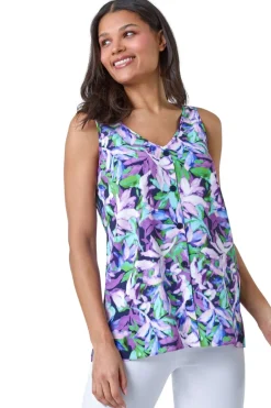 Roman Purple Sleeveless V Neck Leaf Print Button Cami Top