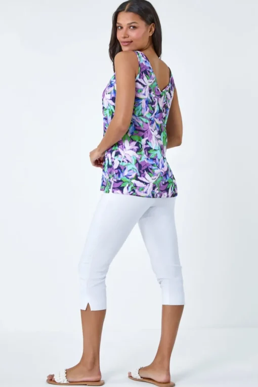 Roman Purple Sleeveless V Neck Leaf Print Button Cami Top