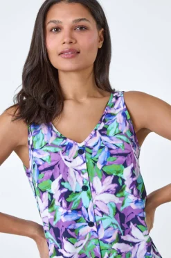 Roman Purple Sleeveless V Neck Leaf Print Button Cami Top