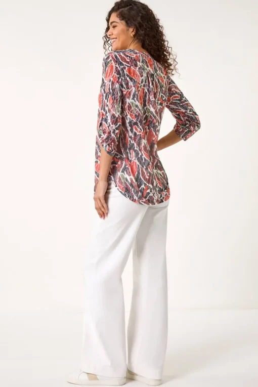 Roman Red Abstract Print Burnout V-Neck Shirt