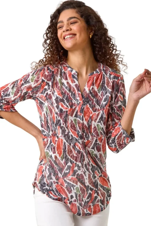 Roman Red Abstract Print Burnout V-Neck Shirt