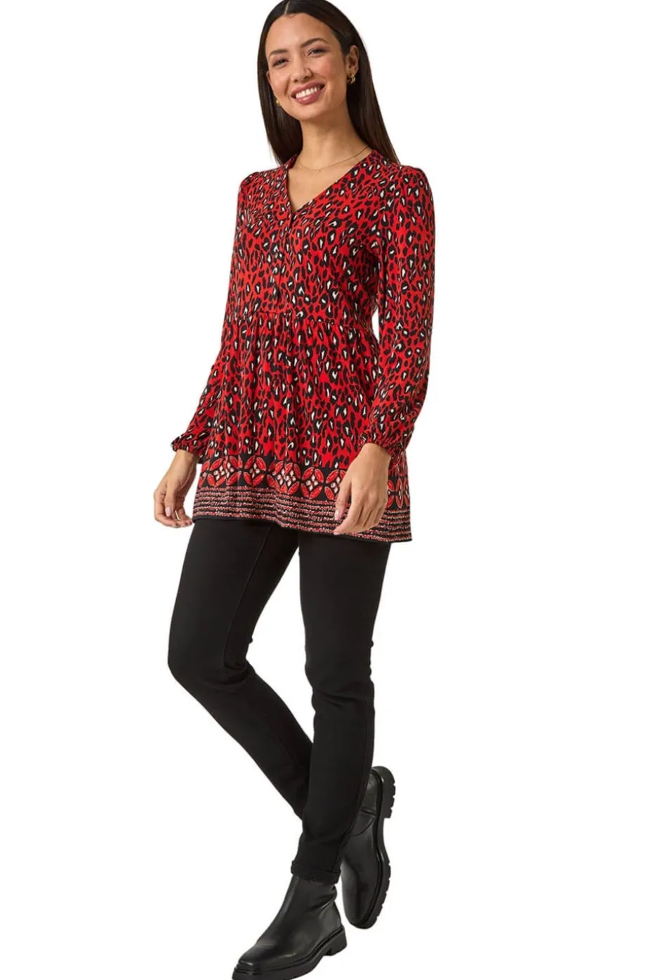 Roman Red Abstract Printed V-Neck Tunic Top