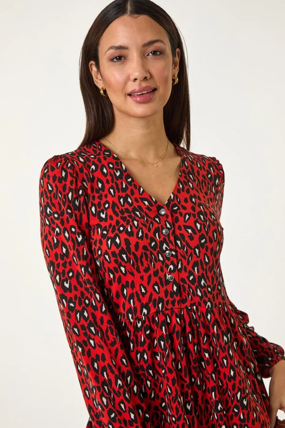Roman Red Abstract Printed V-Neck Tunic Top