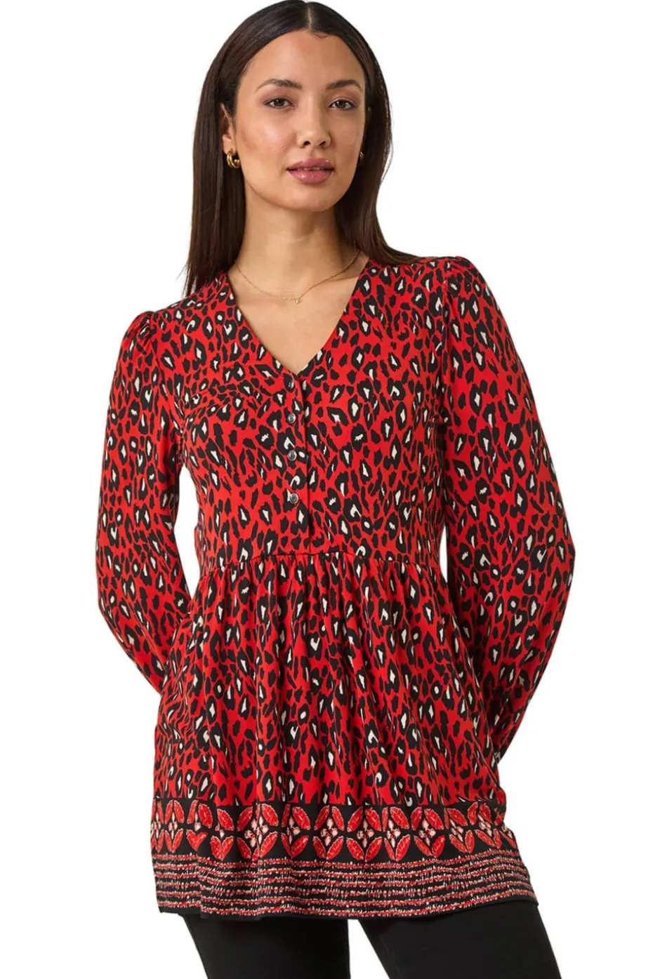 Roman Red Abstract Printed V-Neck Tunic Top