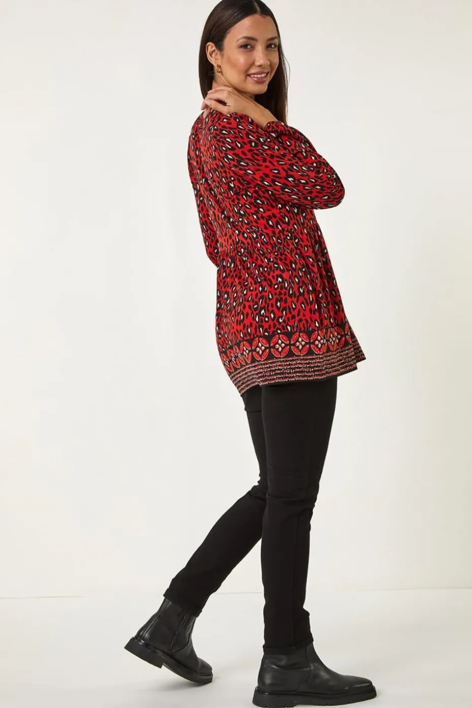 Roman Red Abstract Printed V-Neck Tunic Top