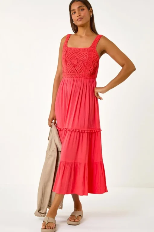 Roman Red Crochet Detail Cotton Blend Maxi Dress