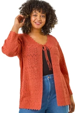 Roman Red Curve Crochet Tie Front Cardigan