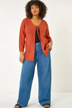Roman Red Curve Crochet Tie Front Cardigan