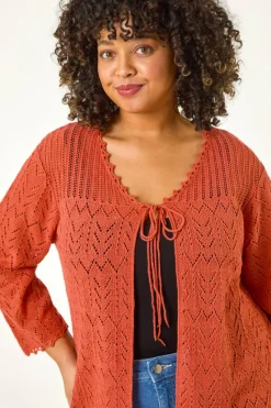 Roman Red Curve Crochet Tie Front Cardigan