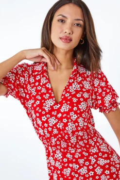 Roman Red Ditsy Floral Print Fit & Flare Dress