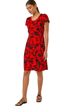 Roman Red Ditsy Floral Print Stretch Dress