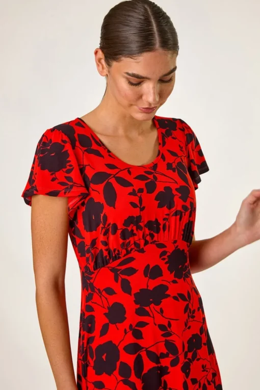 Roman Red Ditsy Floral Print Stretch Dress
