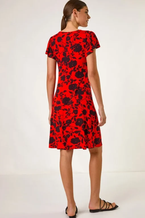 Roman Red Ditsy Floral Print Stretch Dress