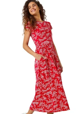 Roman Red Ditsy Gathered Skirt Stretch Midi Dress