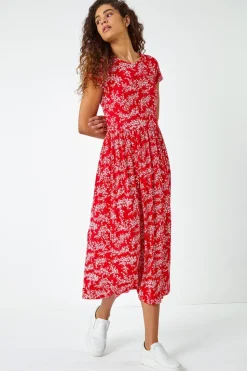 Roman Red Ditsy Gathered Skirt Stretch Midi Dress