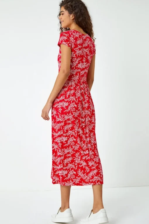 Roman Red Ditsy Gathered Skirt Stretch Midi Dress