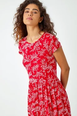 Roman Red Ditsy Gathered Skirt Stretch Midi Dress