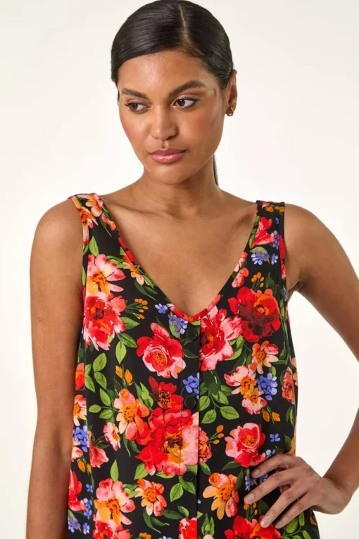 Roman Red Floral Buttoned Vest Top