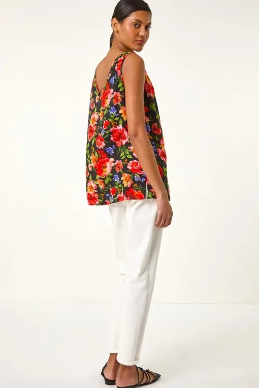 Roman Red Floral Buttoned Vest Top