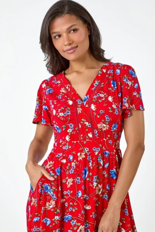 Roman Red Floral Lace Trim Pocket Midi Dress