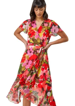 Roman Red Floral Print Asymmetric Midi Wrap Dress