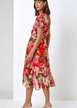 Roman Red Floral Print Asymmetric Midi Wrap Dress