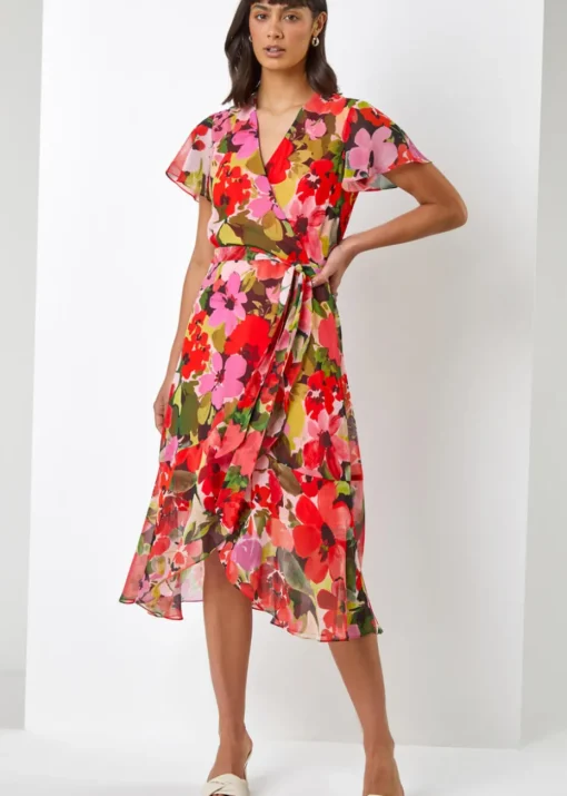 Roman Red Floral Print Asymmetric Midi Wrap Dress
