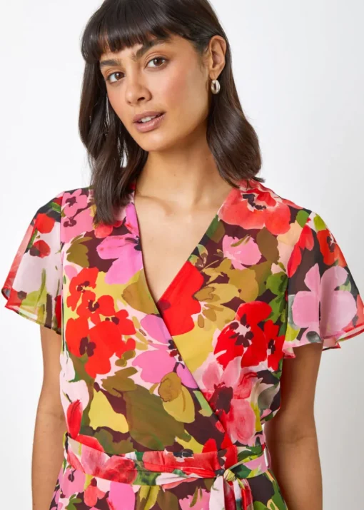 Roman Red Floral Print Asymmetric Midi Wrap Dress