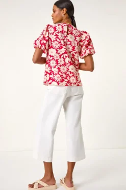 Roman Red Floral Print Balloon Sleeve Top