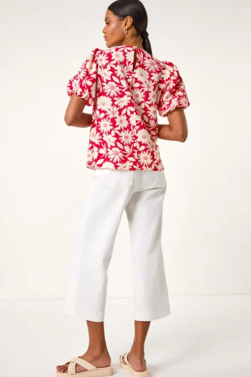 Roman Red Floral Print Balloon Sleeve Top