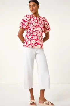 Roman Red Floral Print Balloon Sleeve Top