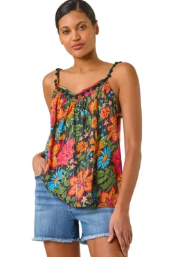 Roman Red Floral Printed Pom Pom Cami Top