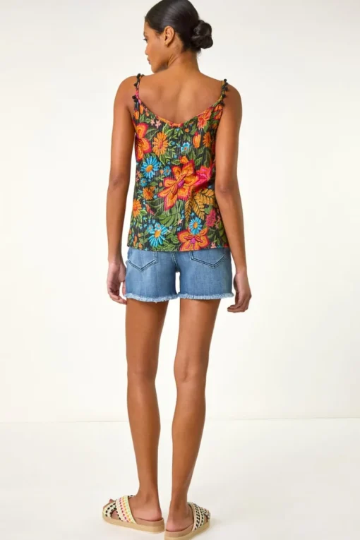 Roman Red Floral Printed Pom Pom Cami Top