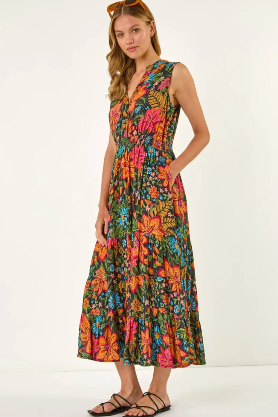Roman Red Floral Shirred Maxi Dress