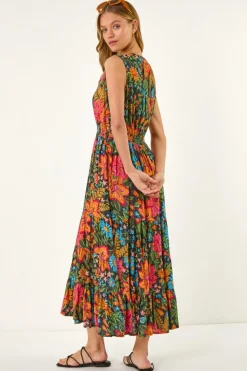 Roman Red Floral Shirred Maxi Dress