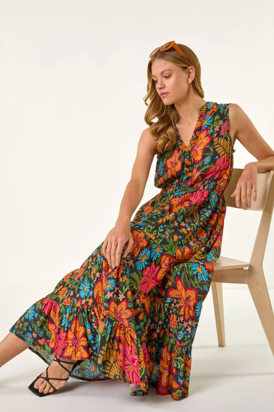 Roman Red Floral Shirred Maxi Dress