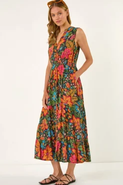 Roman Red Floral Shirred Maxi Dress