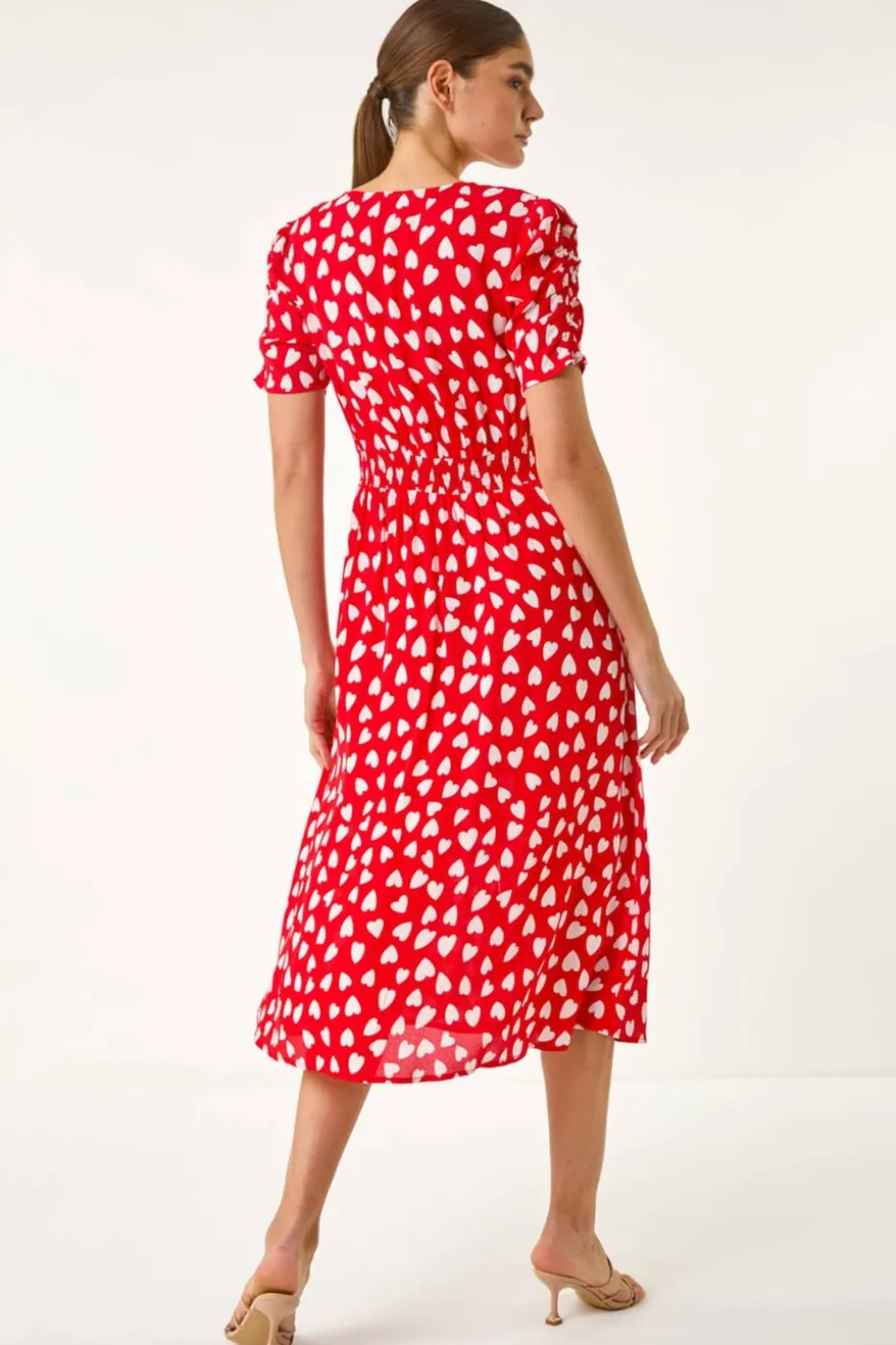 Roman Red Heart Print Ruched Midi Dress