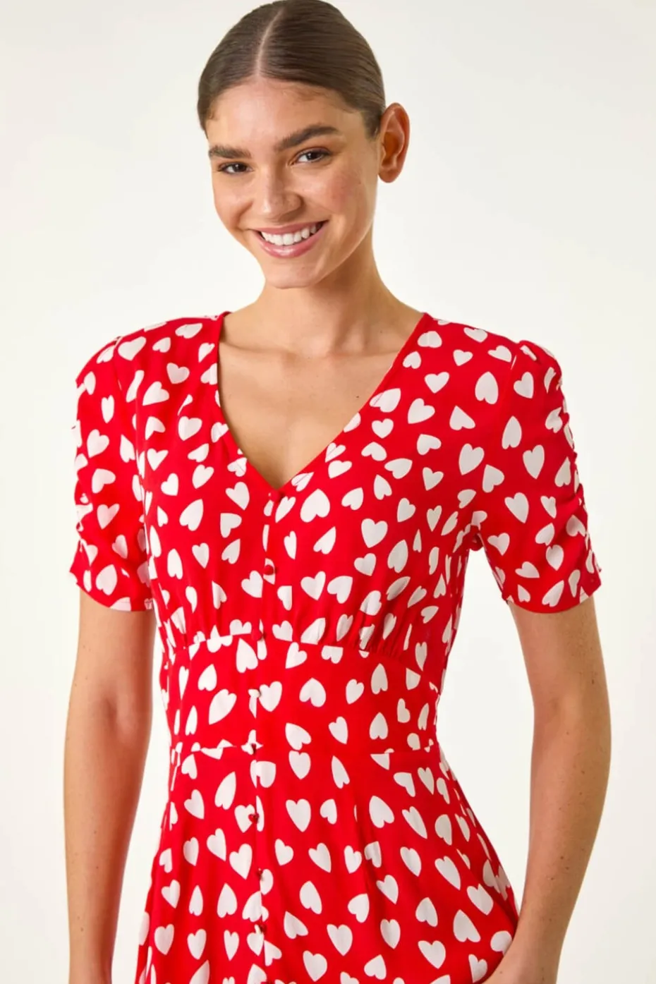 Roman Red Heart Print Ruched Midi Dress