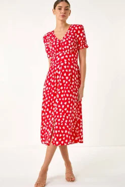 Roman Red Heart Print Ruched Midi Dress