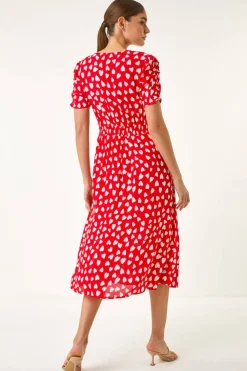 Roman Red Heart Print Ruched Midi Dress