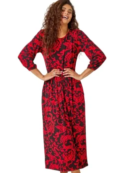 Roman Red Paisley Print Pocket Midi Stretch Dress