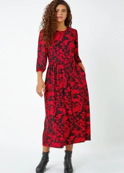 Roman Red Paisley Print Pocket Midi Stretch Dress