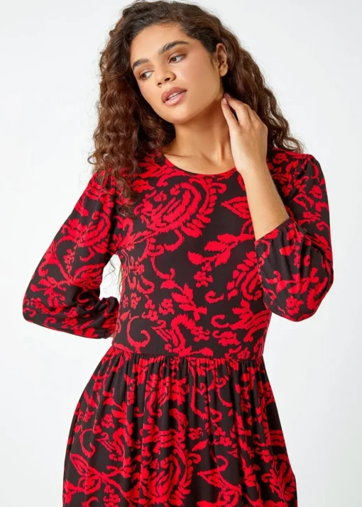 Roman Red Paisley Print Pocket Midi Stretch Dress
