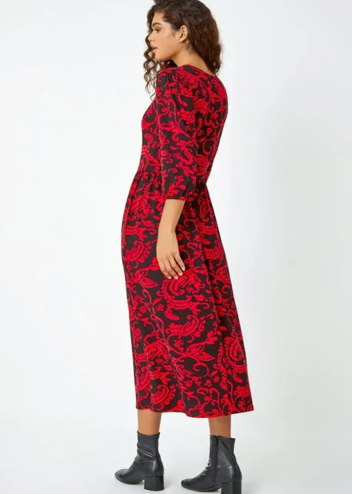 Roman Red Paisley Print Pocket Midi Stretch Dress