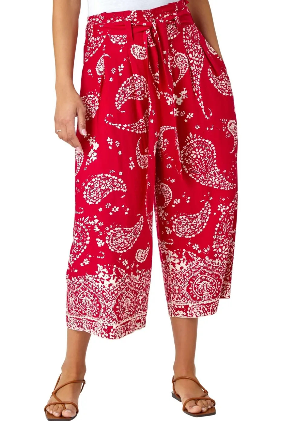 Roman Red Paisley Print Wide Leg Cropped Trousers