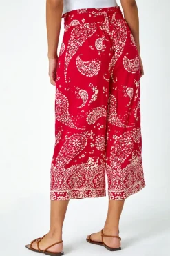 Roman Red Paisley Print Wide Leg Cropped Trousers