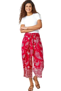 Roman Red Paisley Print Wide Leg Cropped Trousers