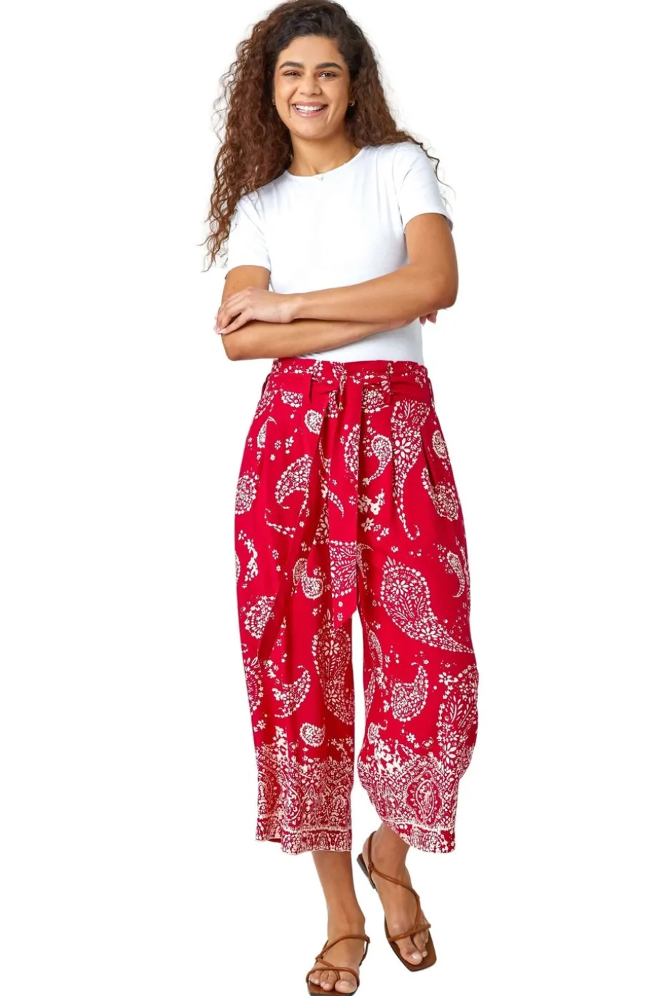 Roman Red Paisley Print Wide Leg Cropped Trousers